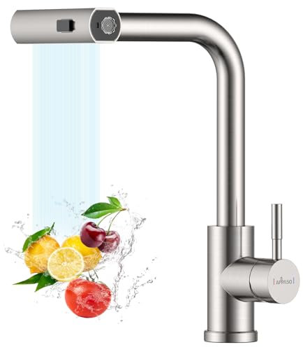 APPASO Robinet de cuisine extensible cascade haute pression avec bruase rotatif à 360 °, robinet d'évier avec 3 types de jet, robinet de cuisine cascade en acier inoxydable brossé