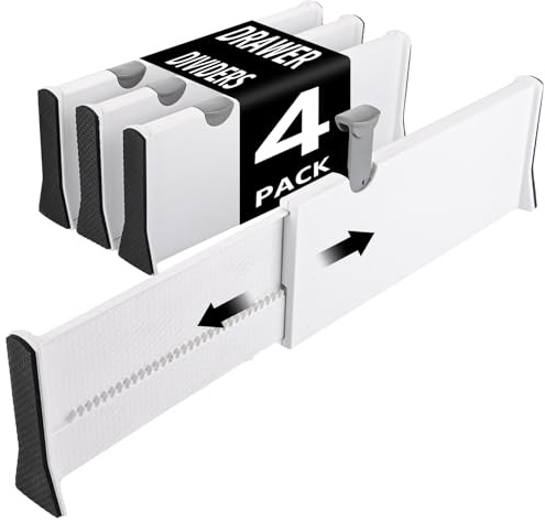 DAJAVE Lot de 4 séparateurs de tiroir - Hauteur réglable de 13 cm - Séparateurs de tiroir réglables de 33,2 à 55 cm - Organiseur pour cuisine, armoire à vêtements/bureau - Blanc
