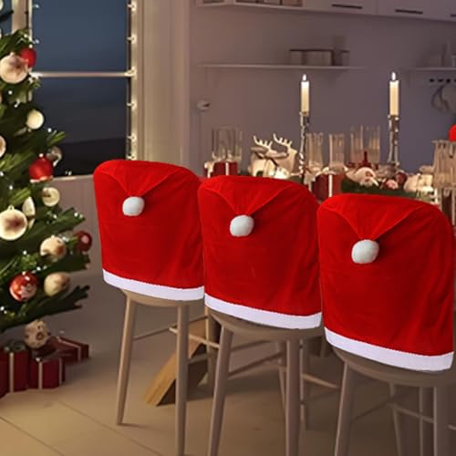 Tibroni Fundas Sillas Navidad 4 Piezas, Funda Sillas Comedor, Fundas para Sillas de Comedor Decoración Navideña con 4 Gorros de Navidad para Tenedores, Cuchillos para Navidad