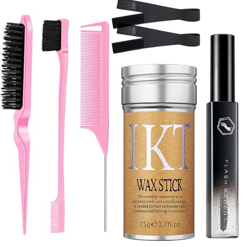 Set de depilación y alisado de 7 piezas para mujer - set de peinado para cabello rebelde y grueso con barras de cera, barras de alisado, peines, bandas elásticas(peine rojo)