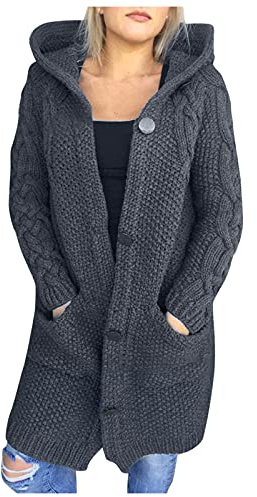 Cardigan à capuche pour femme - Long - Manches longues - Grosse maille - Pull doux - Avec poches - Manteau d'hiver chaud - Veste à capuche - Cardigan tricoté