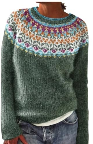 JIABAOZ Maglione Norvegese Donna in Cashmere, Elegante Maglione Colorato, Pullover Morbido in Lana con Collo Rotondo e Maniche Lunghe, Outfit Caldo Autunno-Inverno Taglie Forti (L,Green)