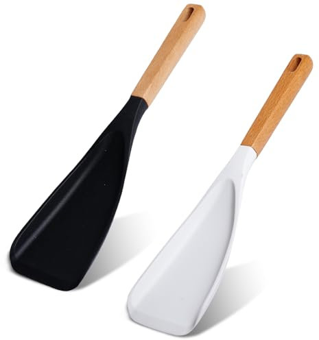 2 Stück Multifunktionslöffel, 31x7cm Silikon Löffel Spatel Hitzebeständiger, Flexibel Spatel für Küche Mit Holzgriff, Silikon-Kochlöffel Servierlöffel für Antihaft-Kochgeschirr Kochen(Schwarz+Weiß)
