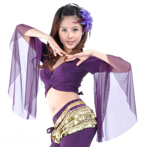 Crop-Tops mit ausgestellten Ärmeln für Damen, Wickeltop mit V-Ausschnitt und 3/4-Tüllärmeln for Ballett Tanz, Hemd of Schnürung für Tribal-Bauchtanz, Bluse zum Selbstbinden Quaste for Festival