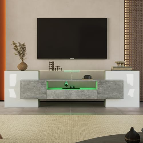 Fppuueg Mueble TV de 200 cm, Mueble TV Salon de 80 Pulgadas con Iluminación LED y 4 Puertas, Muebles de Salon con 2 Cajones y 3 Compartimentos, Mesa TV, Gris y Blanco