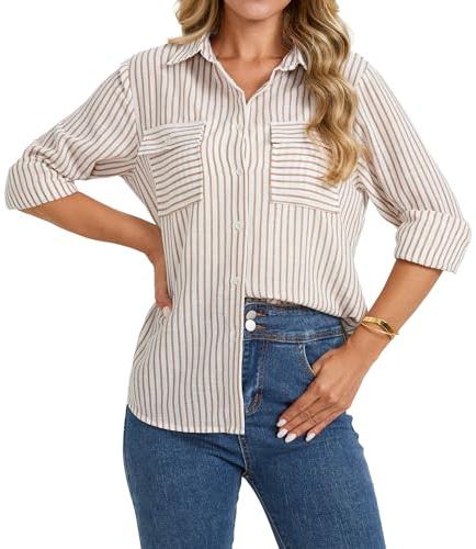 Enmain Women's Striped Shirt Linen Long Sleeve Button Down Brown Blouse Tops V Neck Summer Casual Office Work Regular Fit with Pockets M