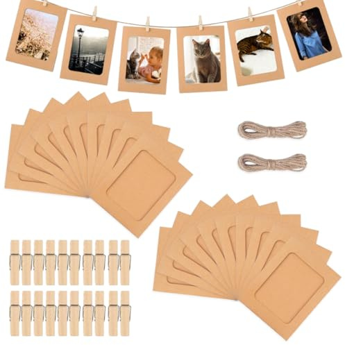 20 Pezzi Cornici Portafoto in Cartone, Porta Foto Multiple da Parete 15,5x11,5 cm DIY Cornice Portafoto in Kraft con Clip di Legno e Corda di Canapa per Compleanni Matrimoni Anniversari Decorazioni