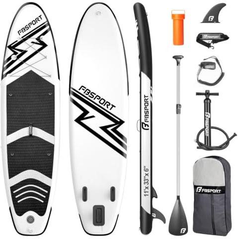 FBSPORT Tavola da SUP Gonfiabile SUP, Stand Up Paddling Board, Stand Up Paddle Board Gonfiabile per Stand Up Paddling 15CM Spessore, Surf con Alluminio Regolabile SUP Paddle + Pompa(BlackWhite)