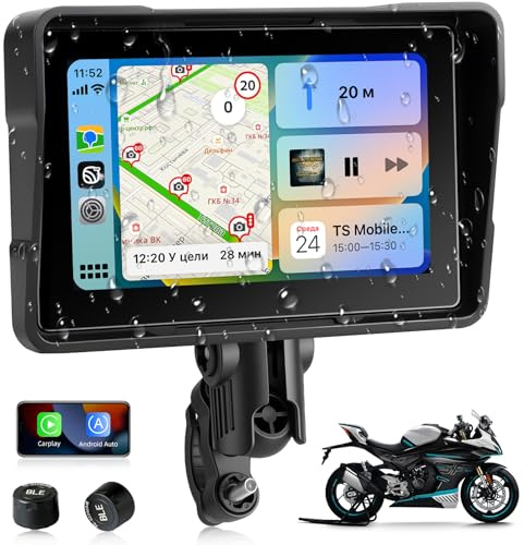 Jansite Pantalla Carplay Moto Android Auto con TPMS, 5 Pulgadas Navegador Moto Pantalla Táctil Impermeable IP67 CarPlay y Android Auto Inalámbricos, Navegación GPS, Siri Goo-gle