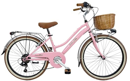 Dolce Vita By Canellini Citybike vintage retro Junior 24 tum, stålram, 6 hastigheter, med korgkorg (rosa)