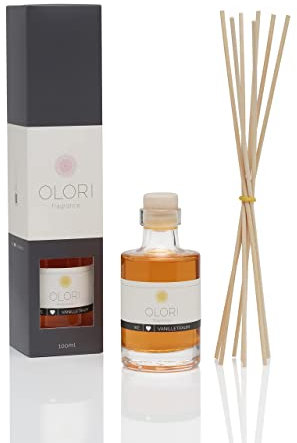 Olori Rumsdoft vanilj - diffuser med pinnar - doftolja med eteriska oljor mjuk, sensuell, pulverrig, söt - 100 % naturlig och ren - luftrenare med doftpinnar - vanilj rumdofter för lägenhet (100 ml)