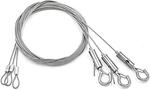 3 Stück 2m Drahtseil Stahlseil Edelstahlseil, Bilder Aufhängen Seil Einstellbar Edelstahl Draht Seil 1,5mm mit Schleife und Haken Heavy Duty für Bilder Licht DIY Lampe Kleiderbügel Max 30 KG