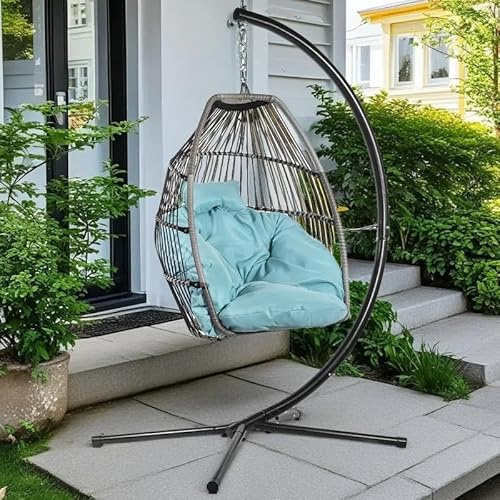 Barton Premium Egg Chair Egg Style Hanging Chair Blue w/Deep Cushion Soft Relaxing Luxury Outdoor Indoor Patio Bedroom Hanging Swinging