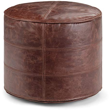 SIMPLIHOME Connor 18 Wide Round Pouf in Distressed Brown Genuine Leather