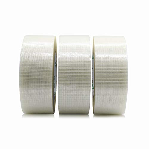 3 Pack Strong Crossweave Reinforced Transparent Bi-Directional Filament Strapping Tape,Fiberglass Reinforced Heavy Duty Tape 170mic x 50mm x 50m, BOMEI PACK