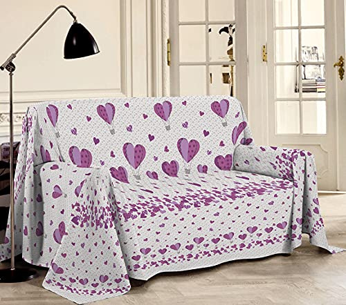 HomeLife - Tela Decorativa para sofá, diseño de Globos y Corazones [250x290] Fabricada en Italia – Tela Multiusos de algodón – Granfoulard Colcha de Verano para Cama de Matrimonio – Lila