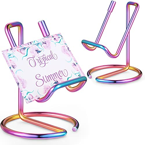 2 Pieces Metal Business Card Holder for Desk, Cell Phone Stand, Elegant Line Business Card Display Holder Stand, Office Desktop ID Name Organizer