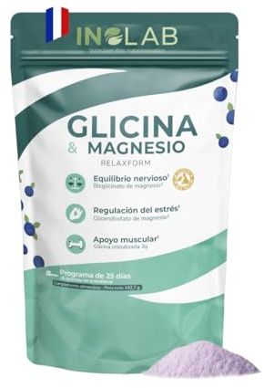 INOLAB I Magnesio Bisglicinato 2,92 g e Glicina Pura 3g I Integratore Antistress Rilassante Sonno e Recupero Muscolare – Polvere Solubile al Gusto Mirtillo