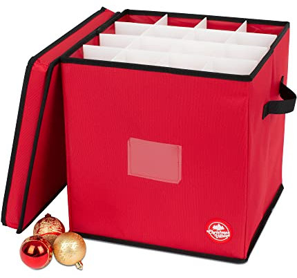Christmas Village Collapsible Bauble Storage Bag – 600D Fabric Premium Bag for 64 Xmas Tree Decorations – 4 Layer Festive Season Ball Holder Cube with Separators & Carry Handles (Red, No Tray)