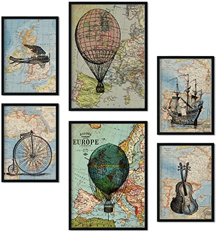 Nacnic Set med 6 vintagekort, affischer. Kollektion av estetiska collage för heminredning, storlekar A3 och A4 utan ram