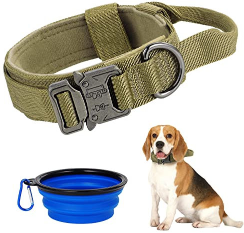 Faankiton Taktisches Hundehalsband Militärisch Verstellbar mit Kontrollgriff, Nylon mit Metallschnalle für Hunde, Mit Faltbarem Hundenapf (M, Braun)