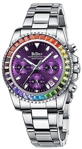 Women Colorful Diamond Watches Chronograph Rotatable Bezel Mineral Glass Luminous Watch Stainless Steel Waterproof Date Analog Quartz Watch Fashion Business Dress Wristwatch, Silver purple, Business