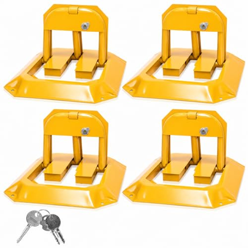 Uggleke parkeringsspärr 4 x parkeringsspärr med 12 nycklar, hopfällbara parkeringsplattor med 16 expansionsskruvar, universellt parkeringslås poller låsbar i metall gul, parkeringsspärr