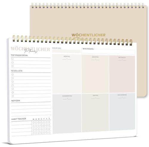 Wochenplaner Block A3 ohne festes Datum, 50 Seiten Weekly Planner, Schreibtischunterlage mit To Do Liste, Spiral-Wochenkalender Wochen Planer mit Wochenübersicht&Habit-Tracker für Termine, Aufgaben