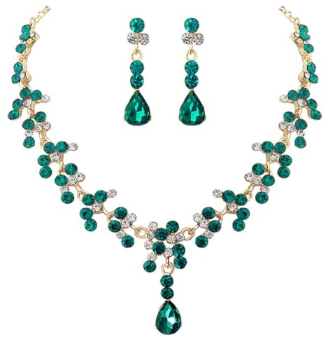 Carufin MARIAGE CRISTAL collier boucles d'oreilles ensemble collier de mariée femmes et filles bijoux accessoires (Vert)