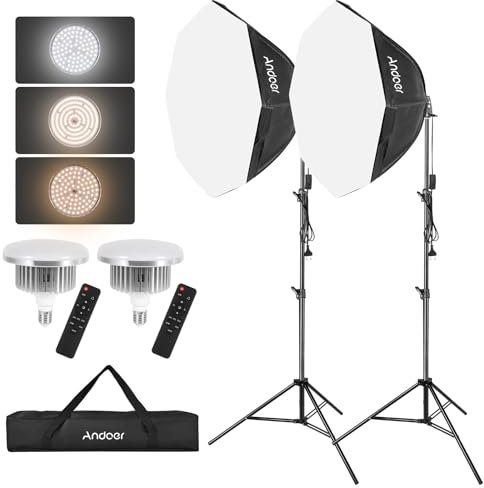 Andoer Softbox - Set de estudio fotográfico, 2 cajas de luz octágono con 2 luces LED de 2800 K-5700 K, 2 trípodes de luz de 2 m, 2 mandos a distancia, bolsa de transporte para YouTube, Tiktok