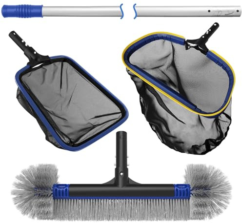 Poolvio 5-in-1 Pool Cleaning Kit - Includes Semi-Deep Skimmer Net, Aluminum Leaf Rake, 20' Pool Brush with 13ft Adjustable Pole