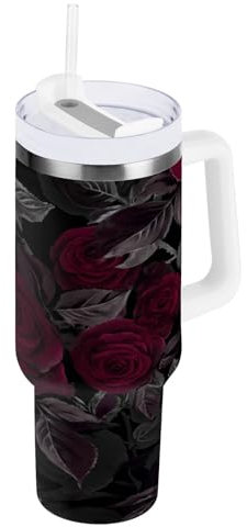 RPLIFE Bottiglia d'acqua in acciaio inox con rose bordeaux acquerello, bicchieri isolati, bicchiere da caffè per donne