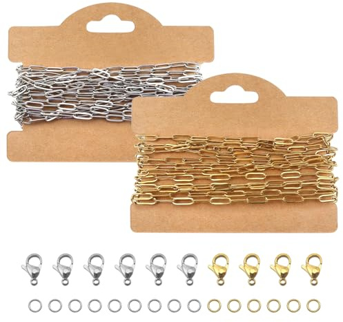 TOAOB Trombonkedja, 5 m, 3 x 9 mm, guldfärgad, kedja i rostfritt stål, med 10 karbinhakar och 30 öppen ring för armband, smyckestillverkning
