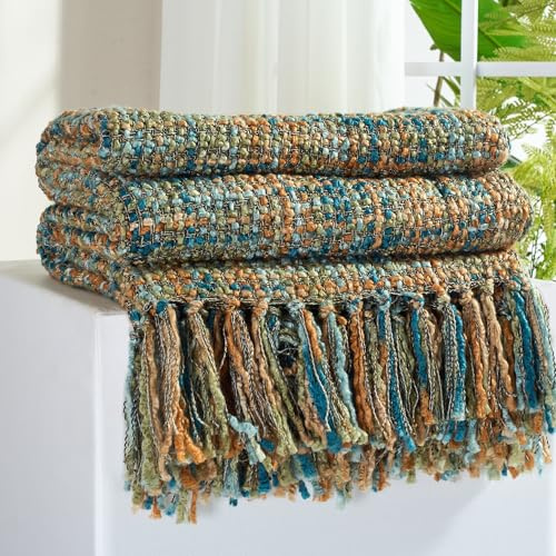 GINAMUSE Multi-Color Gold Green Cable Woven Throw Blanket for Couch,50X60 Boho Style Textured Blankets for Home Decor,Super Soft Warm Cozy Chunky Blanket with Decorative Tassels for Bed