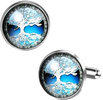 Flongo Tree of Life Cufflinks for Men: Blue Silver Elegant Design Metal Shirt Cuff Links with Resin Coating Perfect Gift for Weddings Business Attire Symbolic Mens Jewellery Accessory