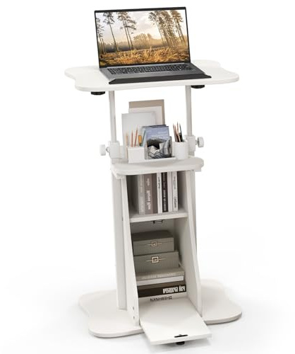 GIANTEX Bureau Ordinateur Mobile, Bureau Assis-Debout, Hauteur Réglable, Table Inclinable, Armoire de Rangement, Ergonomique, Poste de Travail Informatique Roulant pour Salle de Réunion (Blanc)