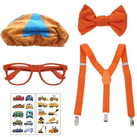 GWAWG 6 st rollspel kostym set för barn, orange blå kostym rollspel tillbehör med basker hatt glasögon fluga hängslen tatuering klistermärke för halloween fest