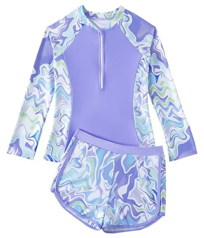 UV Badeanzug Mädchen mit Gepolsterte BHS Gr 128-158, Langarm Kinder UV Badebekleidung mit Badeshirt & Shorts, Teenager Schwimmshirt UV Shirt Schwimmanzug, Lila Wellen 8-9 Jahre