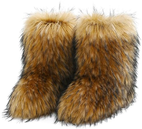 Fopytu Winter Raccoon Snow Boots Boots Snow Boot Furry Snow Boots Fluffy -calf Flat Boots for Outdoor Indoor