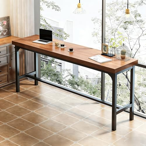 Industriell Massivträbartabell, Massivträhojtbord, med Svarta Stabila Ben och Fotstöd, för Vardagsrum och Ingång - Utan Stolar(140x40x105cm/55x16x41in)