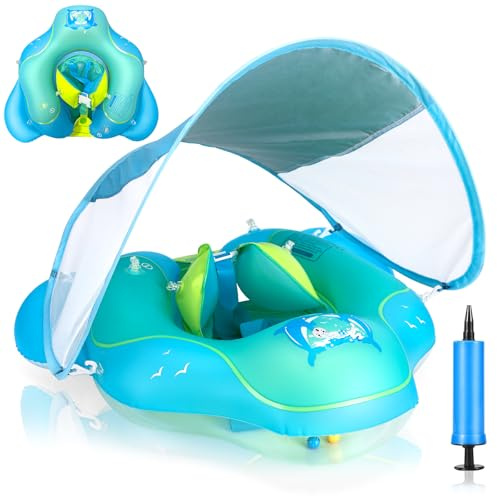 Salvagente Neonato con Parasole, Salvagente Gonfiabile per Piscina Regolabile Doppio Airbag Anello, Anello di Nuoto per Bambini per Bambini da 6 a 36 Mesi (Blu)
