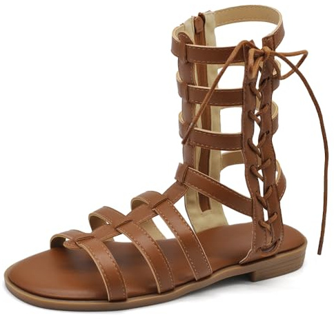 IF Sandali Gladiatore Donna alla Schiava, Stivaletti Estivi Aperti con Cinturini e Lacci, Chiusura Zip Posteriore, Sandali Romani Bassi C825 camel N.38