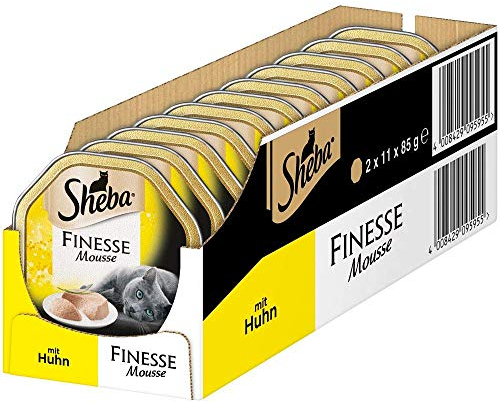 Sheba Finesse Mousse Katzennassfutter – Cremiges Katzenfutter in 22 Schalen mit Huhn – 2er Pack (2 x 11 Schalen à 85g)