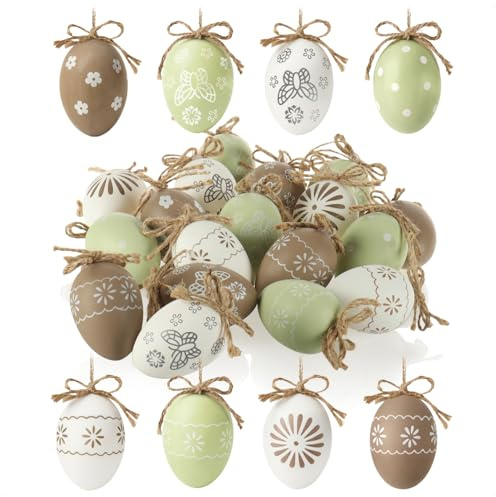 COM-FOUR® 18x Pendenti decorativi Pasqua - Uova di Pasqua in plastica da appendere - ciondoli per albero di Pasqua in colori tenui (18 pezzi - bianco beige menta)