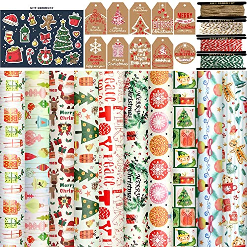 FullJoyHut Set med julklappspapper, 10 ark återvunnet julpapper 70 x 50 cm, 10 julklappsetiketter, 24 klistermärken, 4 rullar jutesnöre rep för julklapp