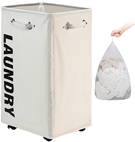 DOKEHOM 29-Inches X-Large Cesto per la Biancheria con Sacco Lavabile Rimovibile su Ruote, Cesto per la Biancheria con Ruote Pieghevole, Organizzatore di Vestiti Pieghevole (Beige)