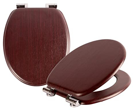 Harbour Housewares Soft Close Wooden Toilet Seat - Mahogany - Pack of 2 | Oval-Shaped Antibacterial Loo Lid with Easy Install Universal Hinges, Fixings & Fittings for Bathroom Toilet Replacement
