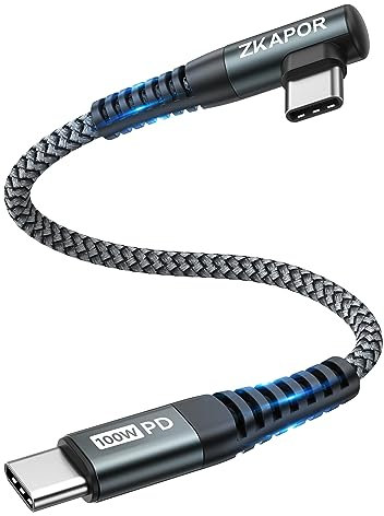 ZKAPOR USB C to USB C Cable Short 30CM, 100W PD Type C Charger Cable Fast Charging Right Angle C to C Charger Lead for iPhone 15/15 Pro Max, Samsung Galaxy S23/S22, Pad Pro, Air, Huawei P40, Pixel