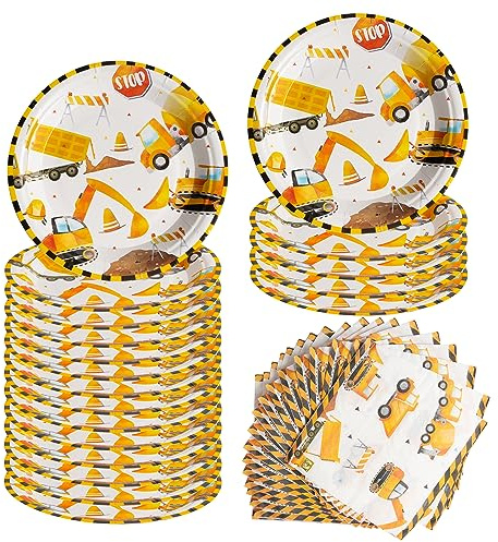 AINIUNIU Stoviglie per Feste di Costruzione dell'Escavatore, Stoviglie per Feste di Compleanno per Bambini - Tovaglioli di Piatti di Carta, Decorazioni di Compleanno (20 Ospiti)