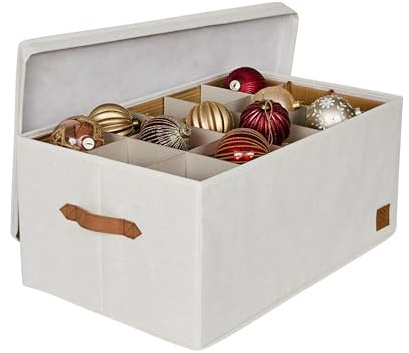 LOVE IT STORE IT Premium förvaringslåda för julgranskulor – låda för julgransprydnad av tyg – 30 fack, bricka helt avtagbar – beige – 58 x 36 x 25 cm